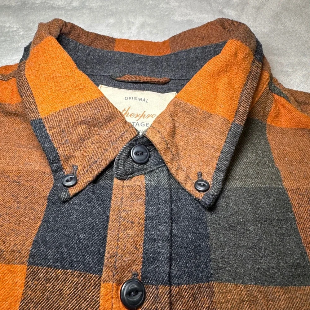Weatherproof Vintage Men's Plaid Flannel Button Up Shirt Orange Gray Size XL EUC